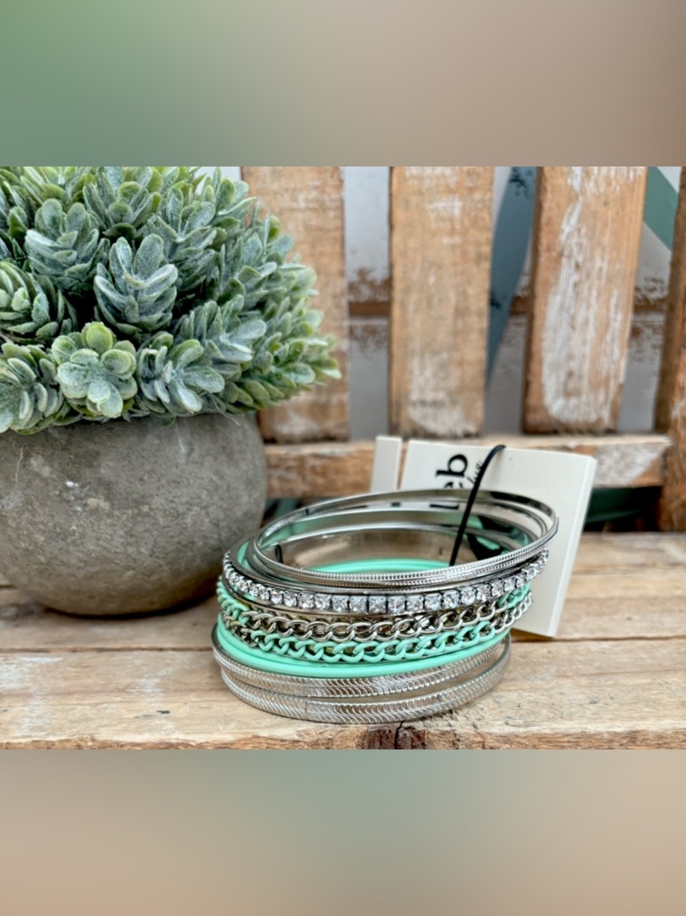 Mixed Metal 8-pc Rhinestone Bangle Bracelet Set Mint Green NWT!